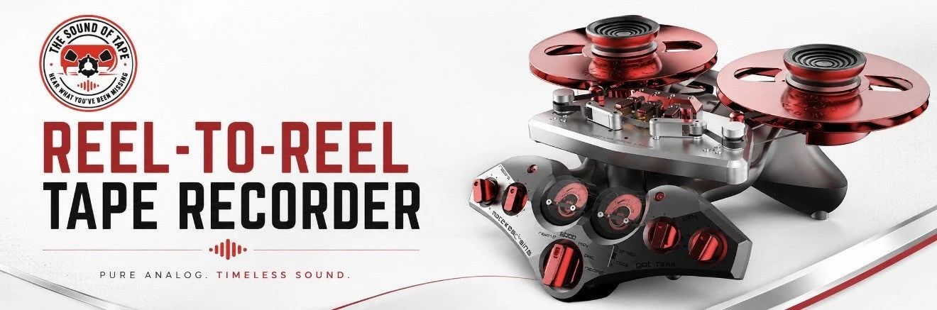 Reel-to-reel tape recorder editorial banner with premium analogue styling